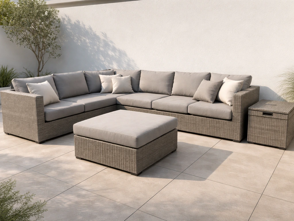 Wide angled view of an outdoor modular sectional sofa with ottoman and storage box on a patio