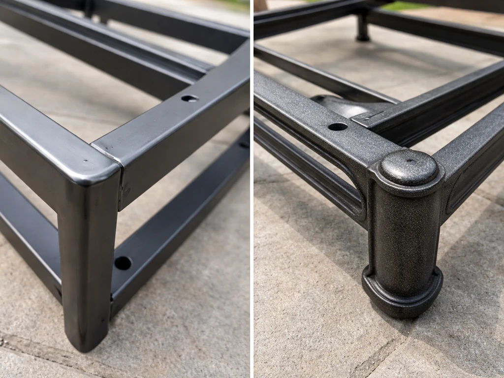 Side-by-side closeups of steel versus cast-aluminum outdoor frame components with durable finishes.