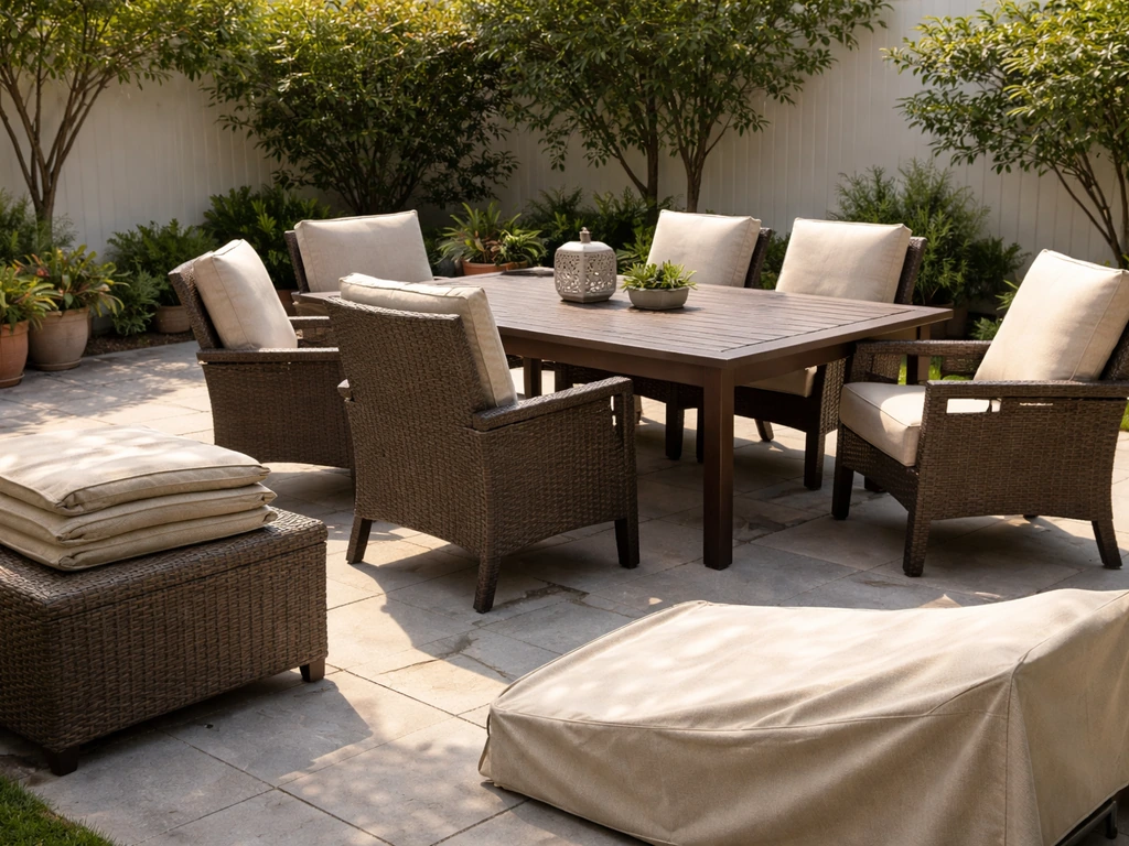 Bright patio scene with a covered table, cushioned chairs, and outdoor furniture suggesting durable everyday use