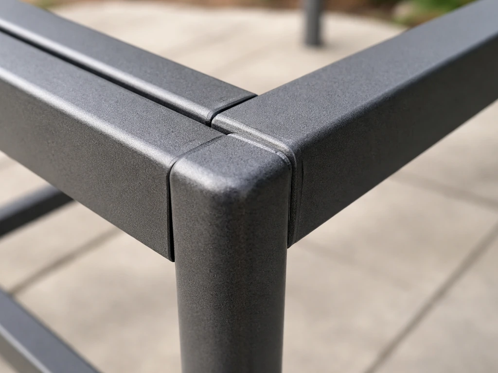 Close-up of powder-coated aluminum patio chair frame connections with clean welds and rust-resistant finish