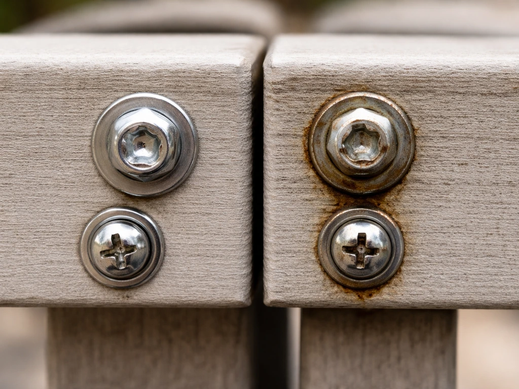 Close-up of patio furniture fasteners showing stainless/marine bolts beside zinc-plated rust-prone hardware.