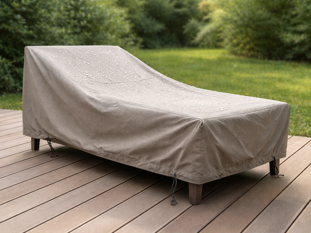 Outdoor patio furniture with a waterproof-breathable cover, water beading on top and tie-downs secure it.