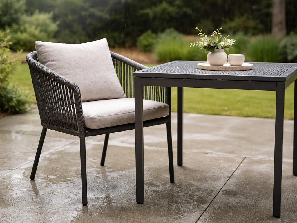 Modern patio dining set with sturdy cushioned chairs in an outdoor setting, hinting weather durability.