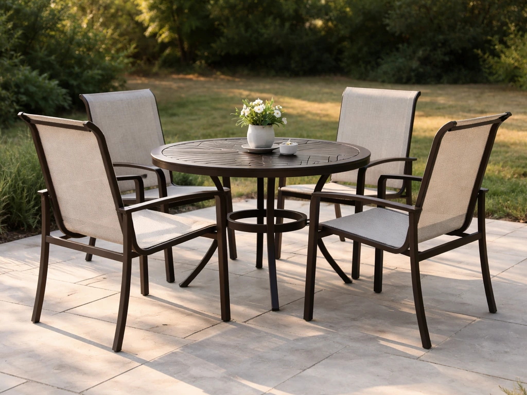 Outdoor dining set with a matching table and sling chairs on a quiet patio