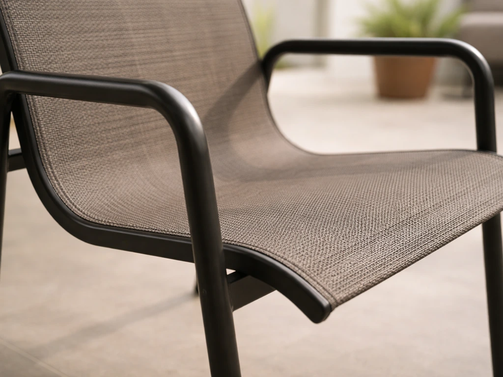 Close-up of taut woven sling fabric stretched over a metal frame of a dining chair.