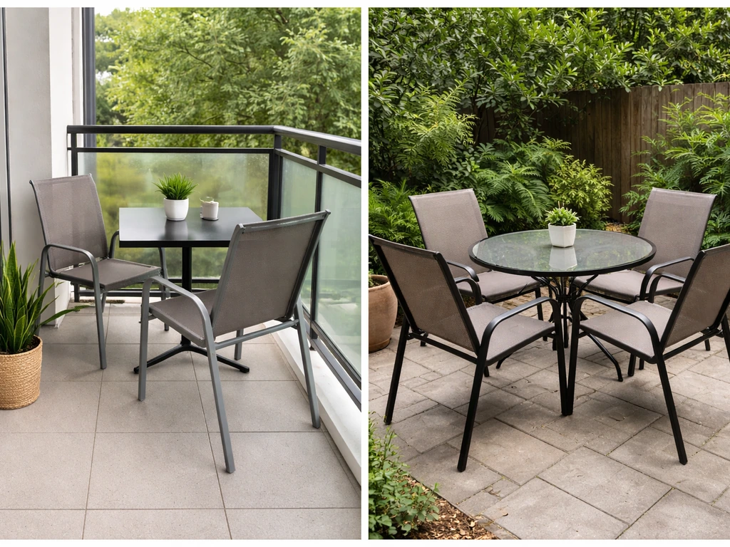 Split view showing a compact balcony with sling dining chairs and a small patio with a round glass-top set.