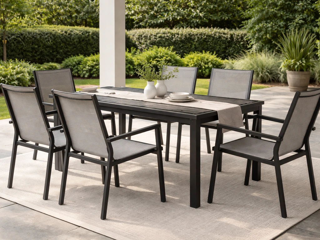 7-piece outdoor dining set on a covered patio with a table and six chairs in natural light