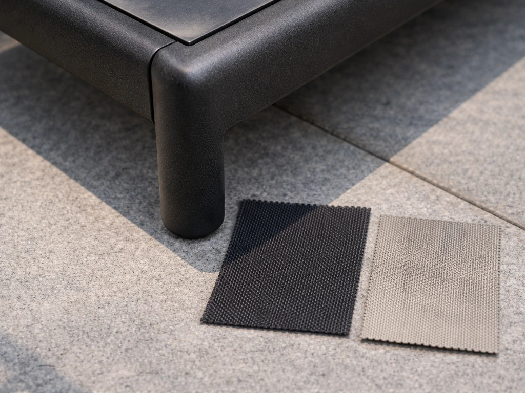 Close-up of coated metal frame next to UV-faded fabric swatch showing weather durability.