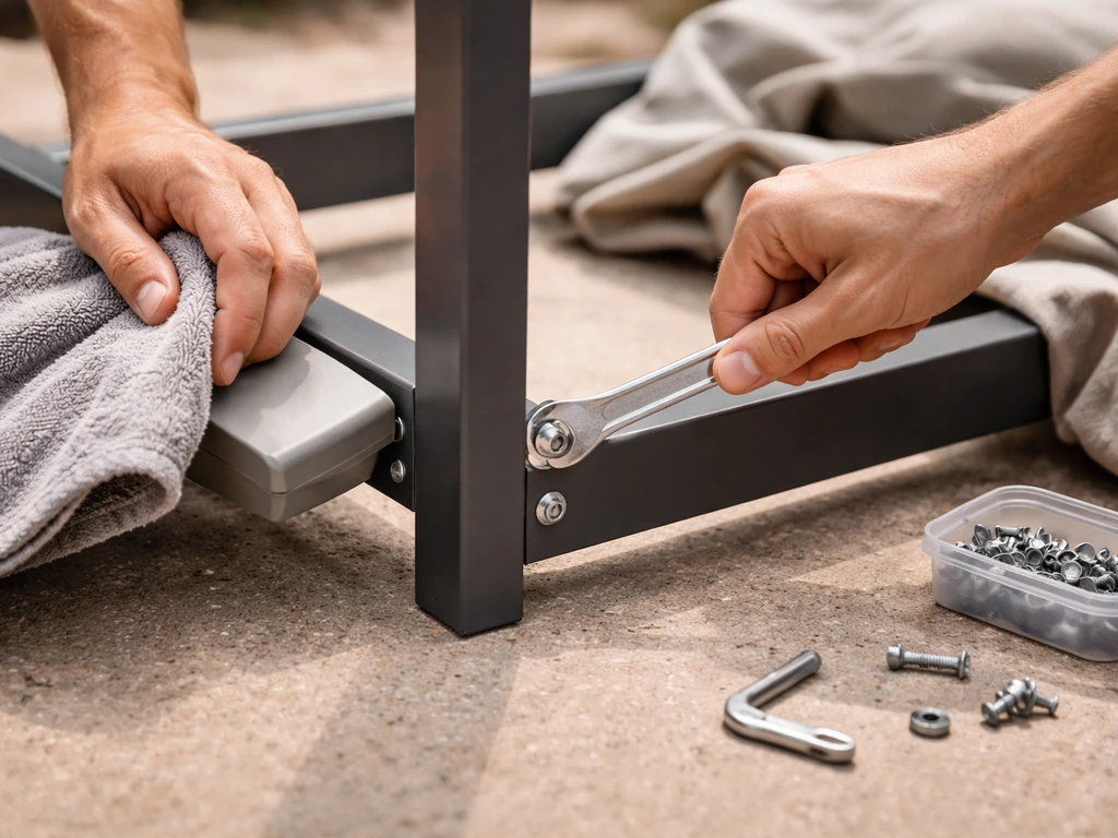 Close-up of hands assembling patio chair hardware and wiping a component with a cloth