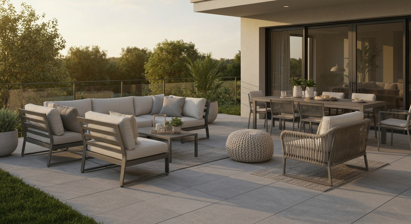 Outdoor patio scene showing mid-range patio furniture—aluminum conversation set, rope-woven sofa, and HDPE dining table—on a modern stone terrace at golden hour.