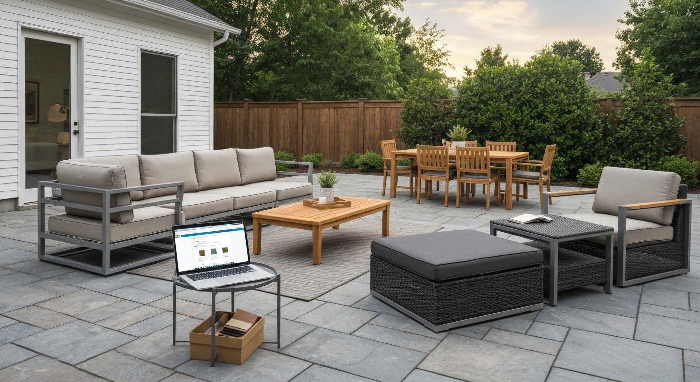Backyard patio scene showing three furniture styles (aluminum sectional, teak dining set, PE-rattan lounge set), a laptop with a generic B2B marketplace UI, and material swatches and sample boxes, illustrating sourcing options for patio furniture.