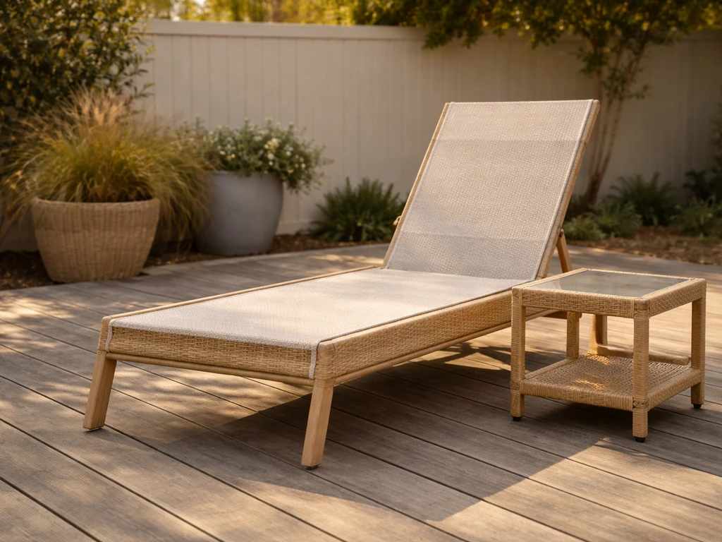 Sunlit patio showing Panama Jack–style sling chair, chaise, and side table on weathered wood flooring.