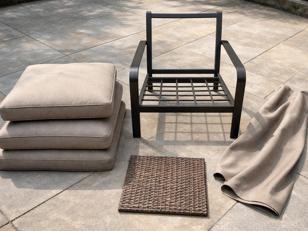Minimal photo of patio furniture components: frame, cushions, sling fabric, and synthetic wicker laid out