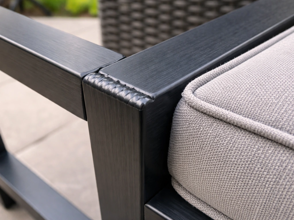 Close-up of a black aluminum outdoor chair frame joint with detailed welds and a neatly stitched cushion edge.