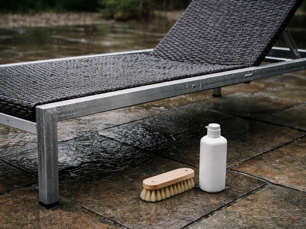 Wet aluminum-and-wicker chaise in rainfall with water beading; mild soap and soft brush nearby.