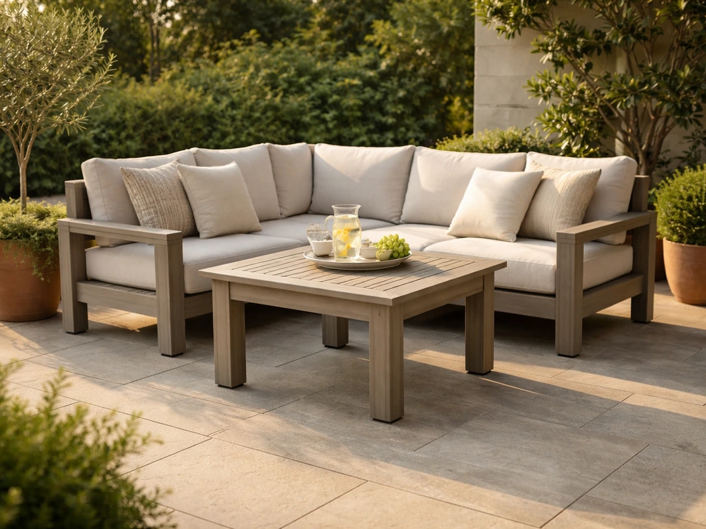 Inviting patio conversation set with outdoor cushions and a durable table in warm natural light.
