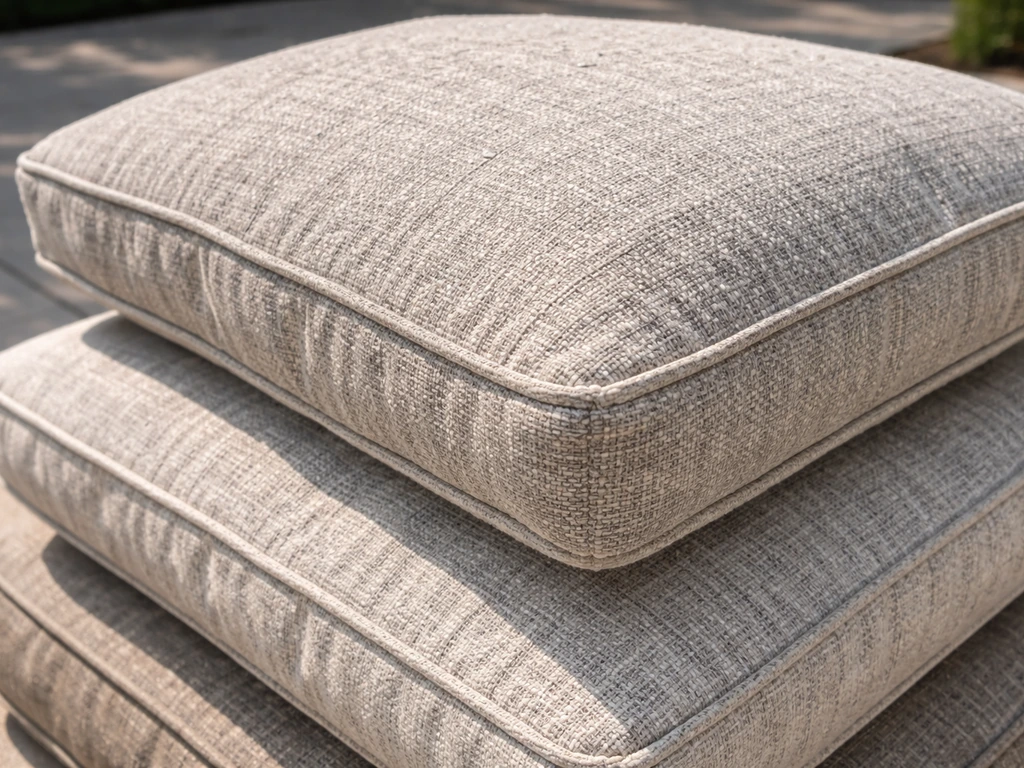 Close-up of Sunbrella-style outdoor cushion fabric showing rich texture and fade-resistant durability