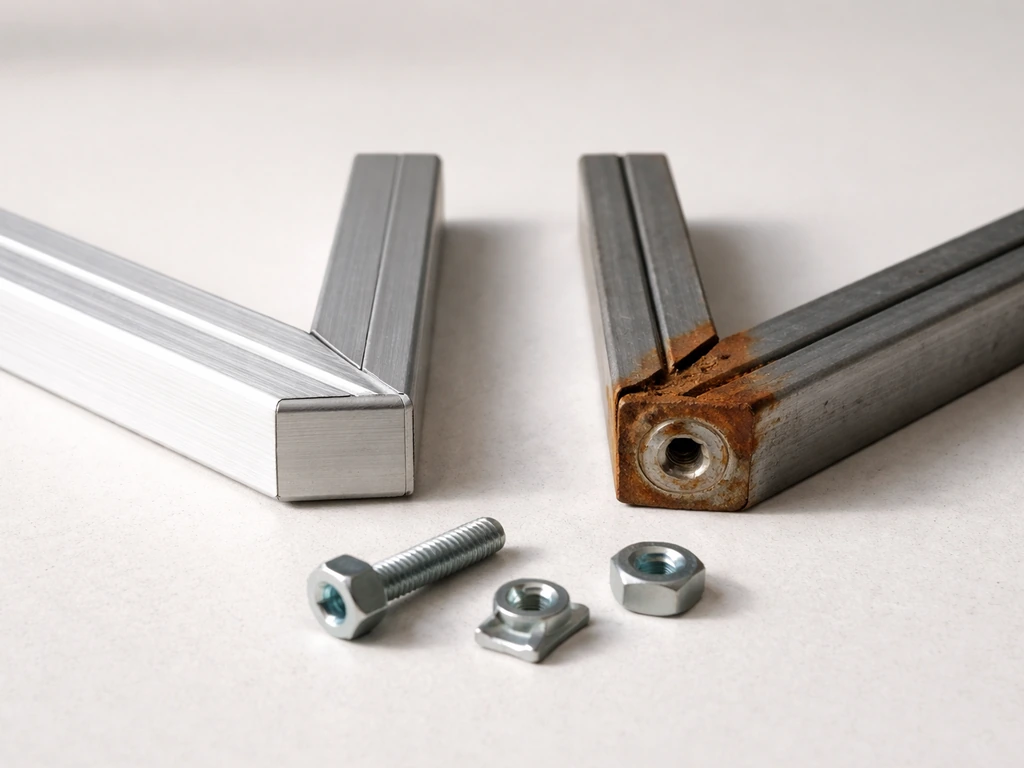 Aluminum and steel frame samples side-by-side, with a visible rust spot on the steel and small hardware pieces.