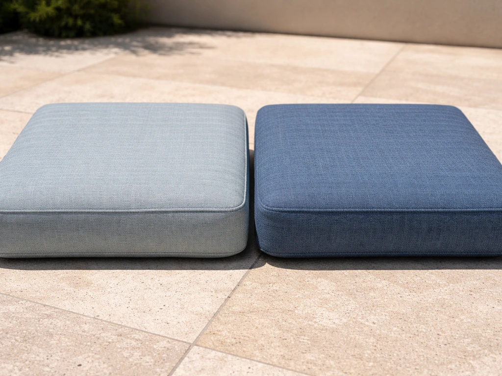 Two patio cushion fabrics in strong sun, one visibly faded to show UV exposure effects.