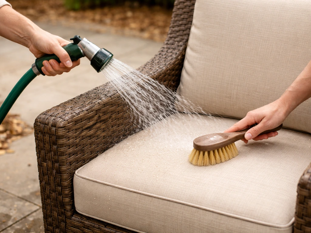 Person rinsing resin wicker outdoor chair frame with a garden hose and brushing Sunbrella cushion fabric.