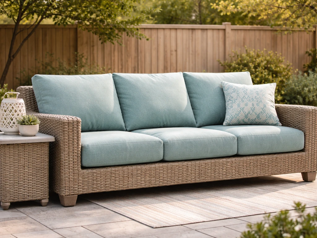 A cozy aqua-themed outdoor patio sofa with cushions on stone pavers in natural light.