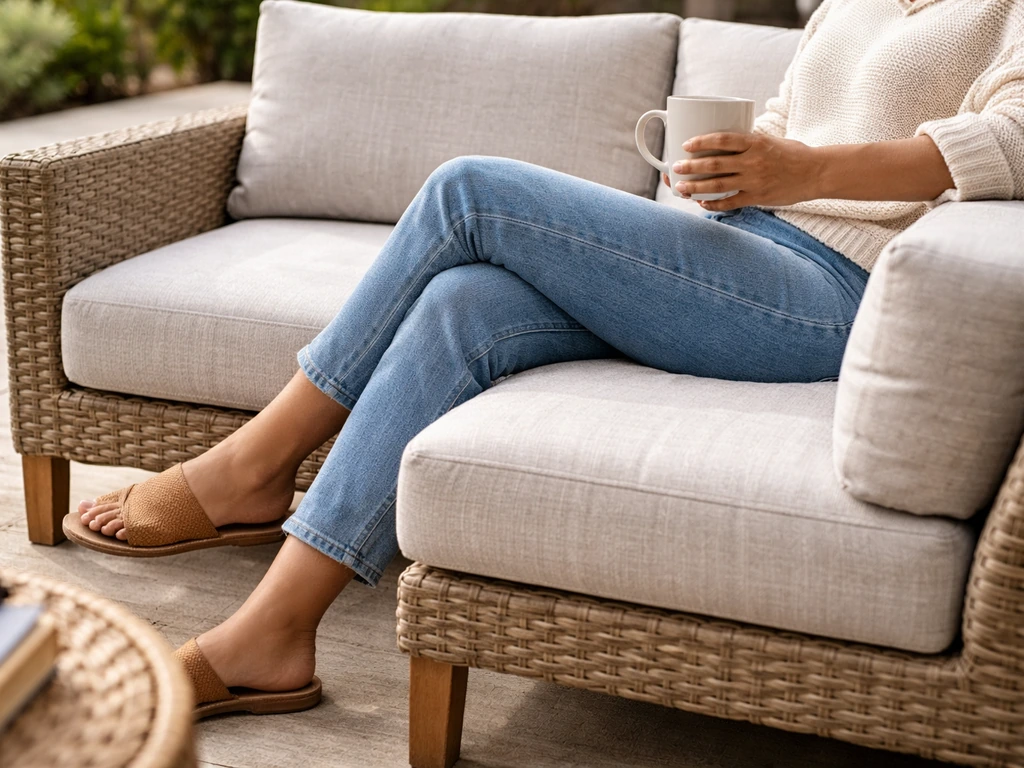Person relaxing on an outdoor patio sectional, highlighting cushion thickness and arm/legroom in use.