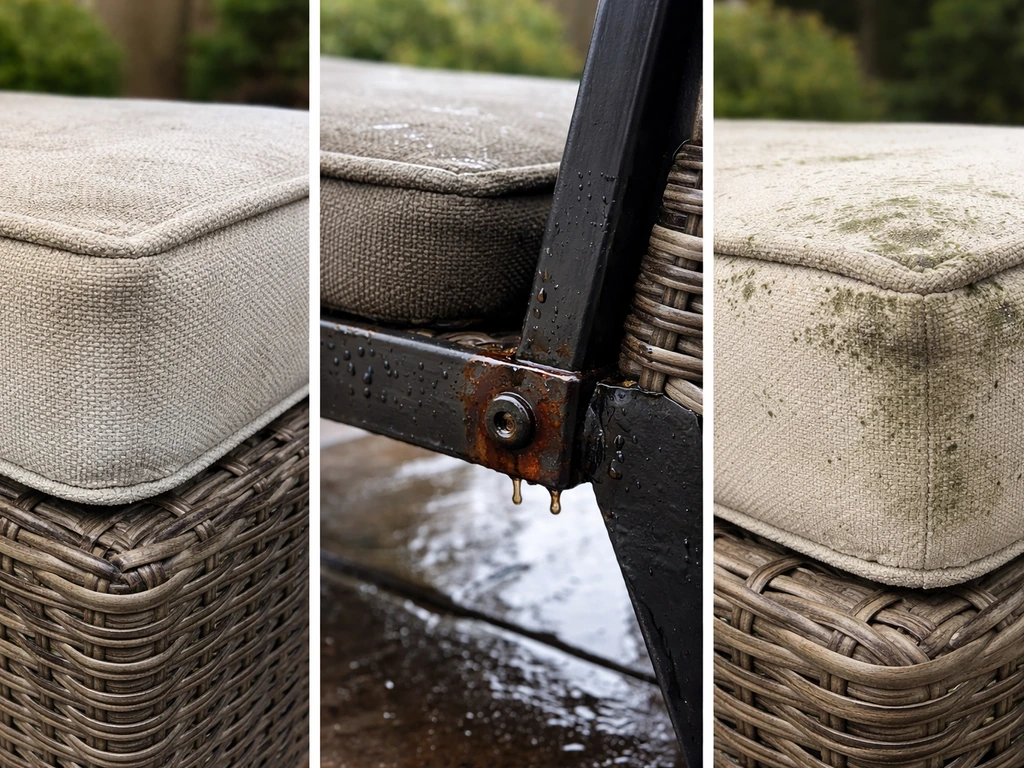 Three close-ups of outdoor furniture showing UV fading, rusted metal hardware, and mildew on a cushion.