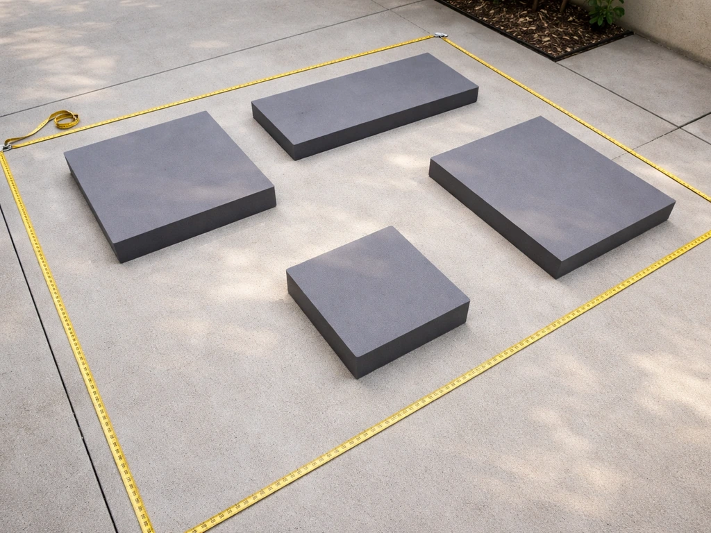 Overhead patio layout with measuring tape and small footprint blocks showing space for walking clearance.