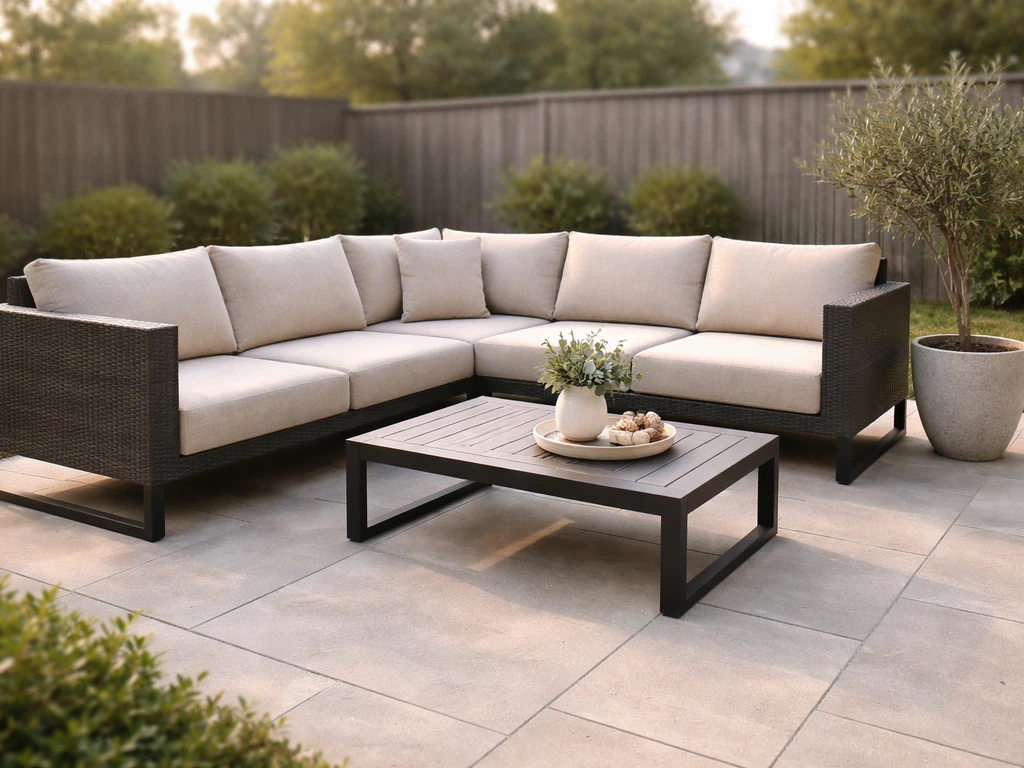 Inviting outdoor patio with a modular neutral patio sofa set, showing premium comfort and build textures.