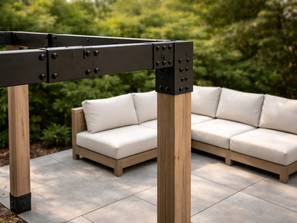 Minimal outdoor patio scene showing modular pergola grid brackets and connected sofa seating pieces
