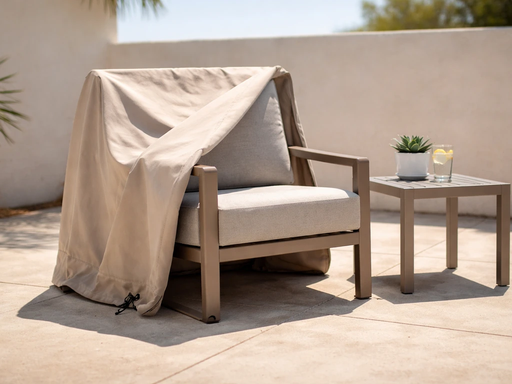 Sunlit patio chair with a protective cover draped for hot full-sun weather and easy maintenance.