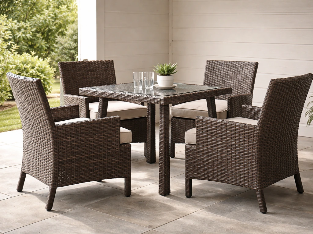 Covered patio with Akoya-style outdoor seating set, cushioned chairs and table in warm natural light