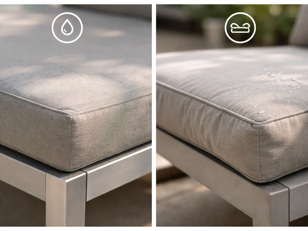 Split side-by-side close-ups of an aluminum-framed outdoor cushion showing rust-resistance vs cushion durability concern