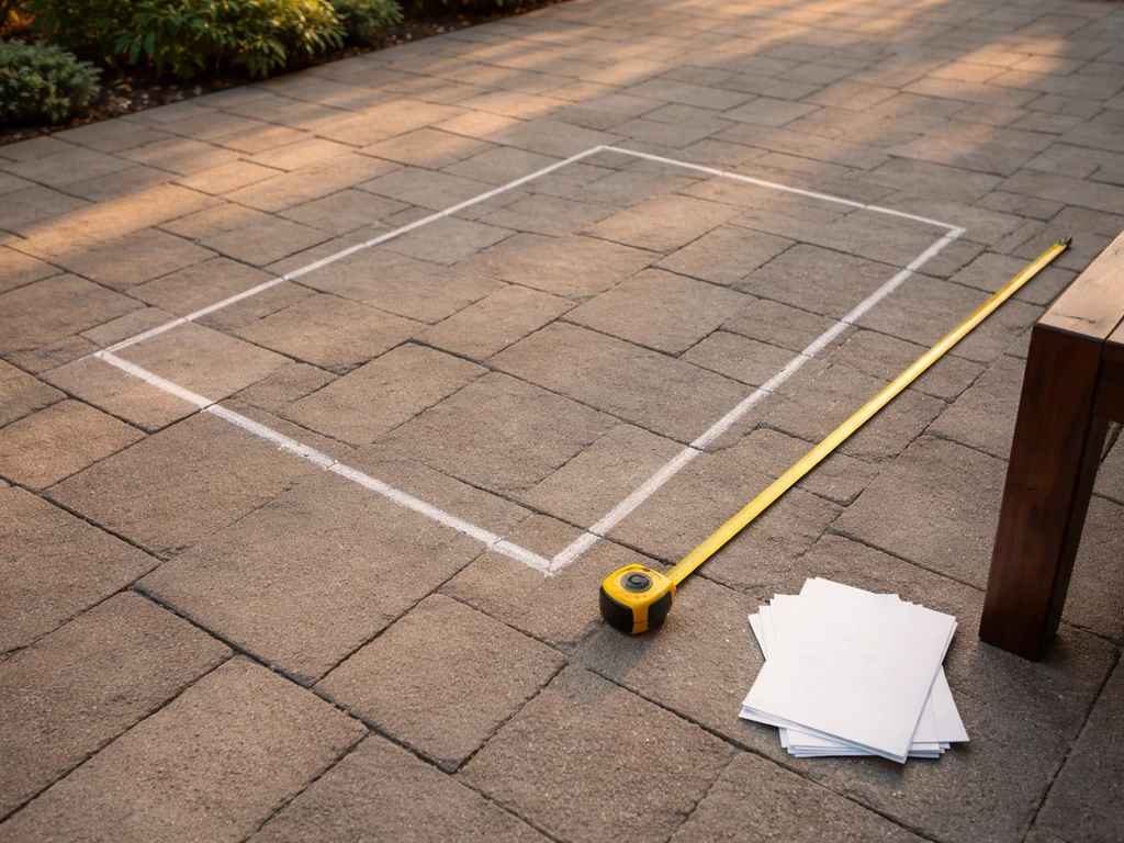Measuring tape laid out beside a dining table outline on a patio, showing space clearance dimensions