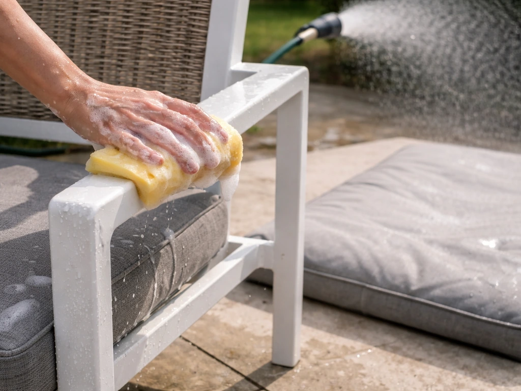 Hands wiping an aluminum patio frame with soapy water beside a rinsed cushion cover drying outside.