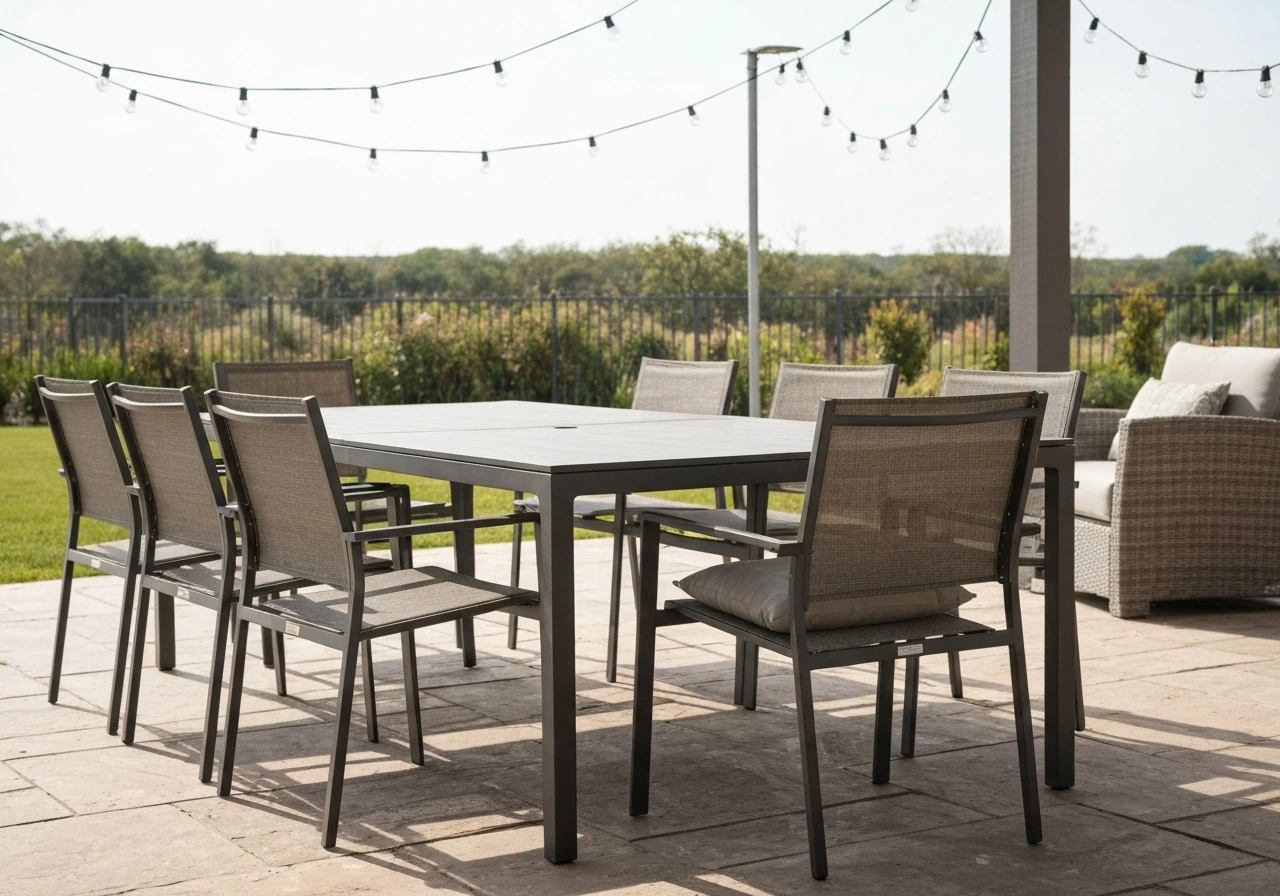Durable outdoor dining set on a covered patio with weather-ready metal and sling seating