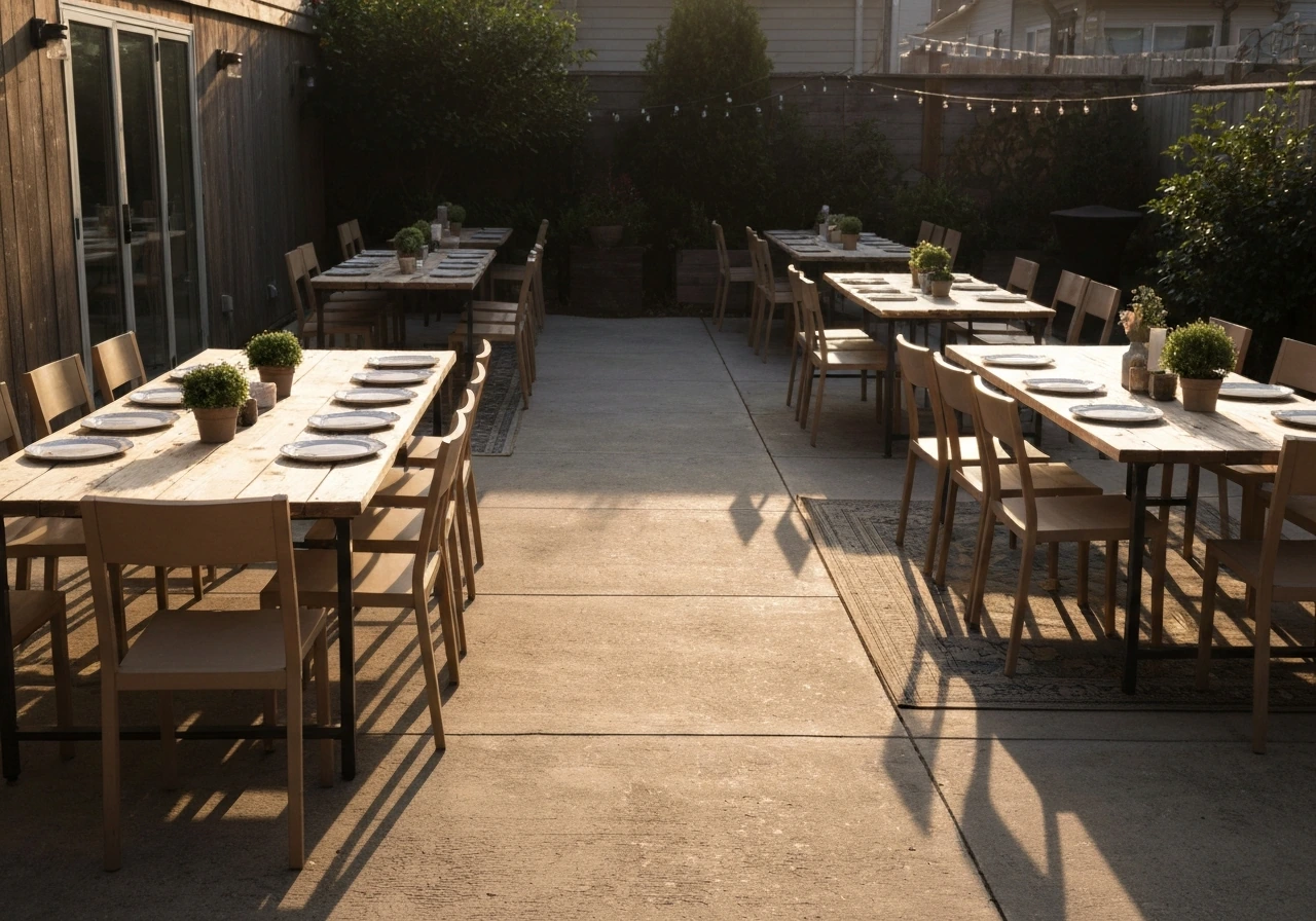 Minimal outdoor patio dining area with an open walkway showing clear traffic flow space planning.