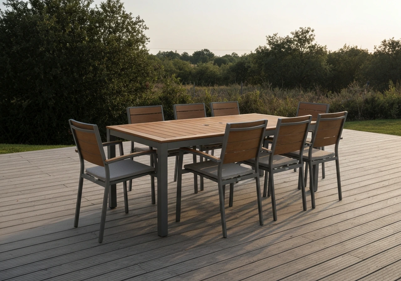 Festival-ready outdoor dining set with matching chairs around a table on a patio.