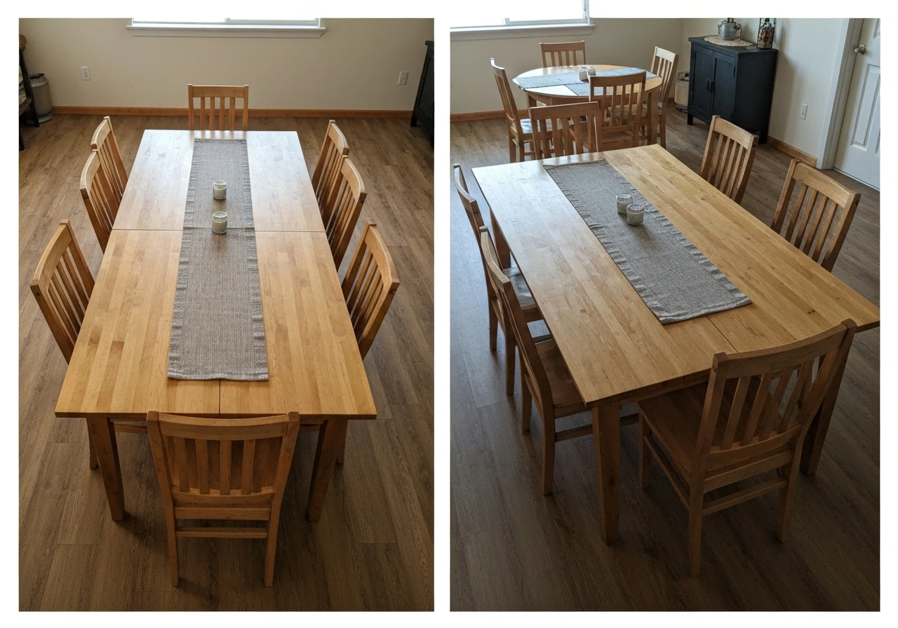 Minimal view of rectangular and round tables with chairs spaced to show seating comfort for parties.
