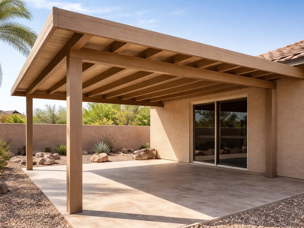 Premium aluminum patio cover installed over a Southwestern patio in bright sunlight, clean finish and curb appeal.