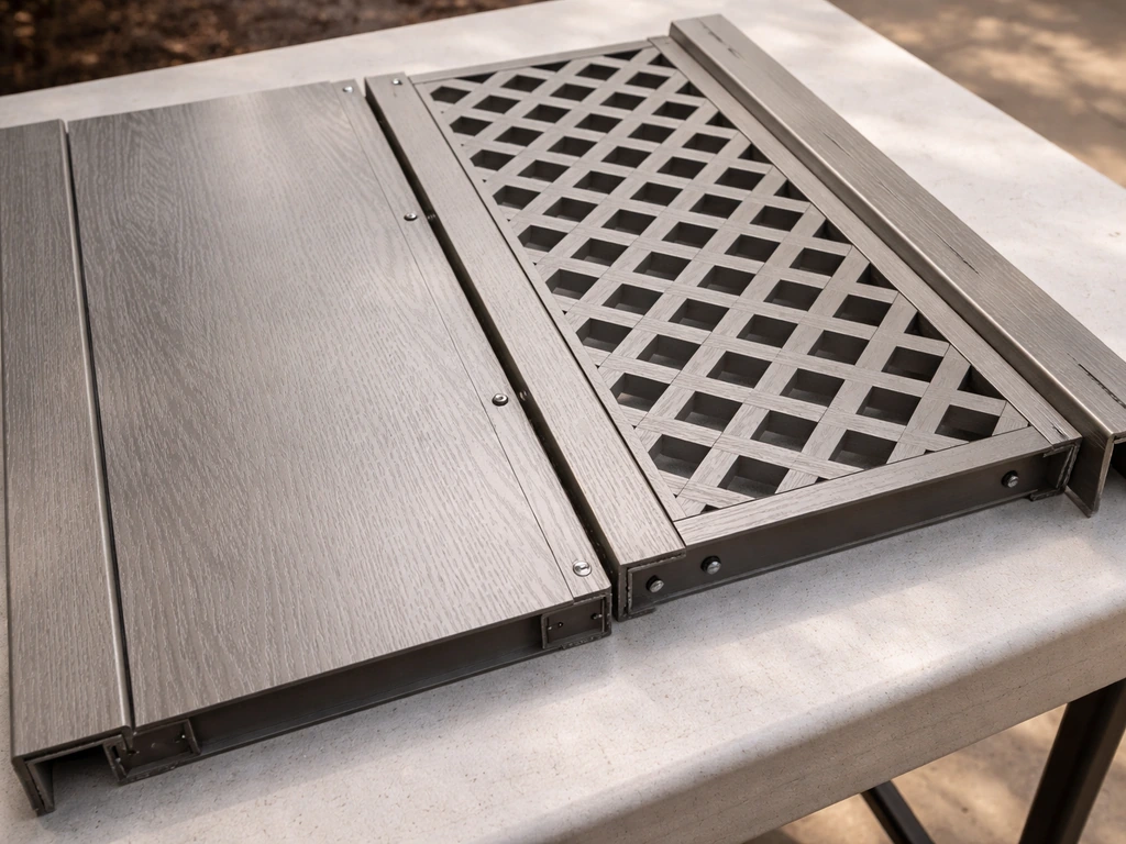 Close-up of solid panel and lattice cover components laid out side-by-side on a workbench.