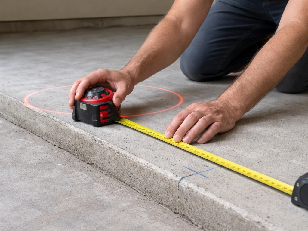 Homeowner using a laser level on a concrete slab, checking slope and marking post height positions