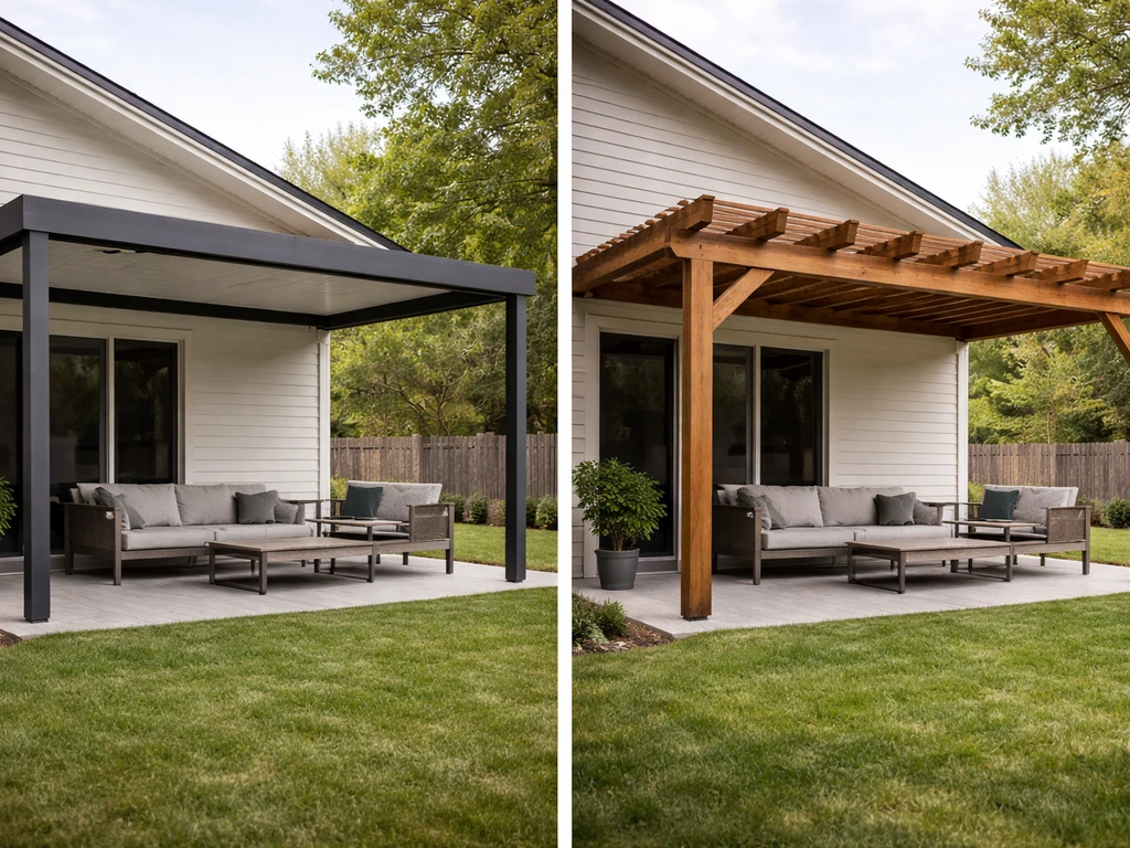 Two adjacent patio cover setups—aluminum on one side, wood pergola on the other—in a quiet backyard.