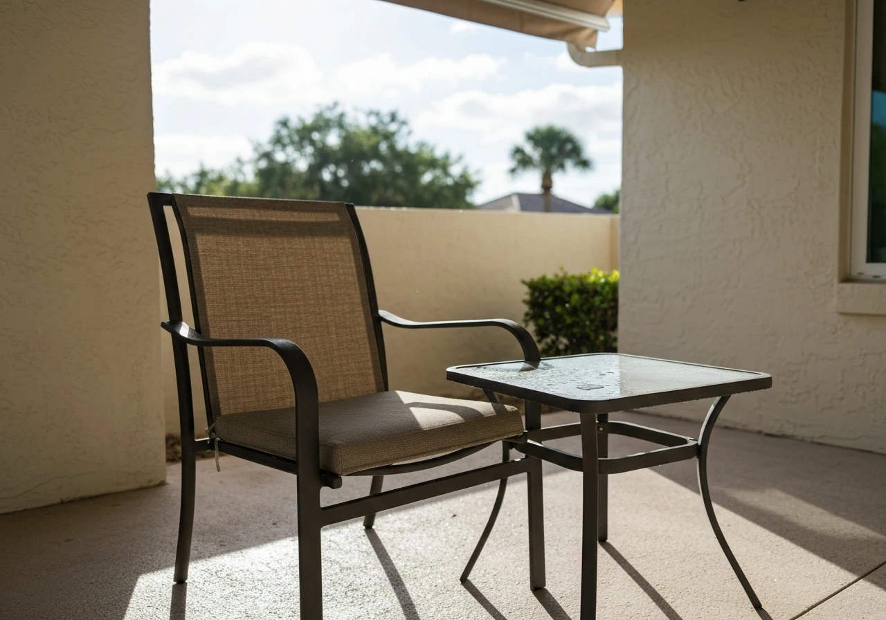 Steel-frame patio chair and side table on a covered Florida patio in bright sun with slight moisture cues.