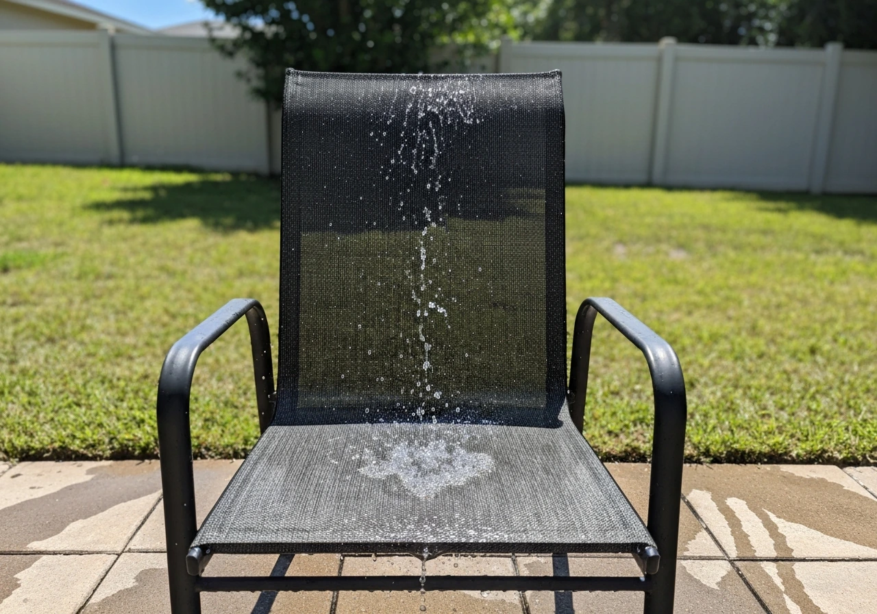 Outdoor patio chair with intact textilene mesh after a rinse, water droplets in bright Florida sun.