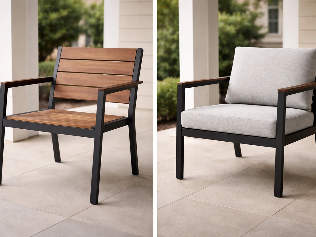 Two outdoor patio chairs side by side—budget vs premium look—on a simple covered porch.