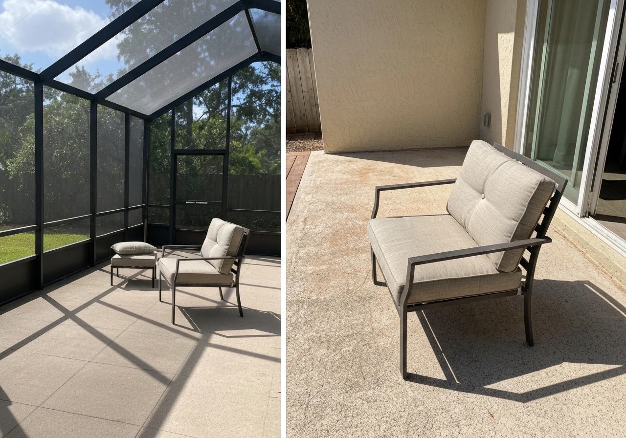 Split view of shaded screened lanai furniture versus sun-exposed open patio furniture with harsher light.