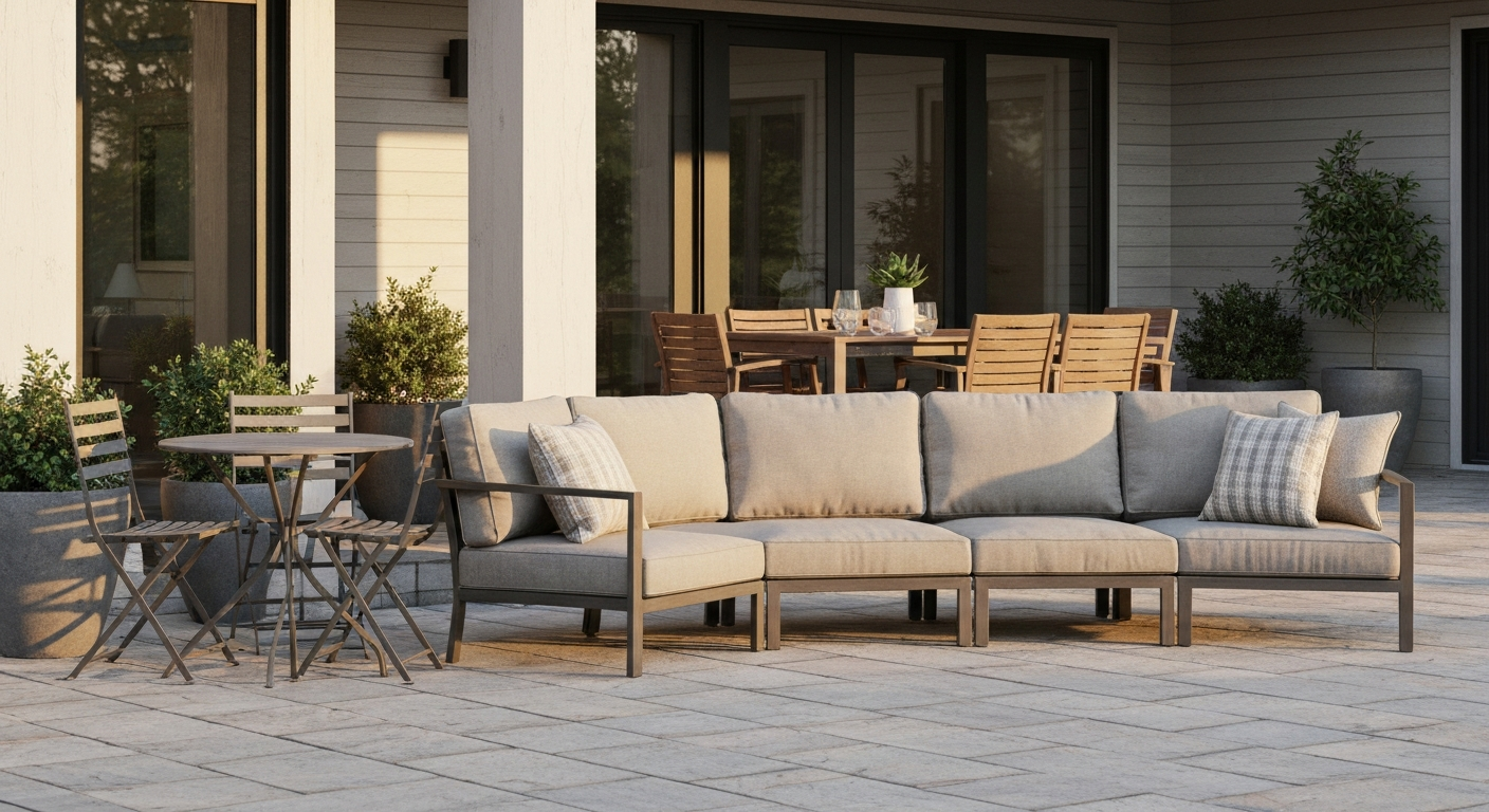 Outdoor patio with a mix of furniture types: powder-coated aluminum sofa with neutral cushions, HDPE dining chairs, and a bistro set, shown in warm late-afternoon light to illustrate a range of patio furniture tiers.