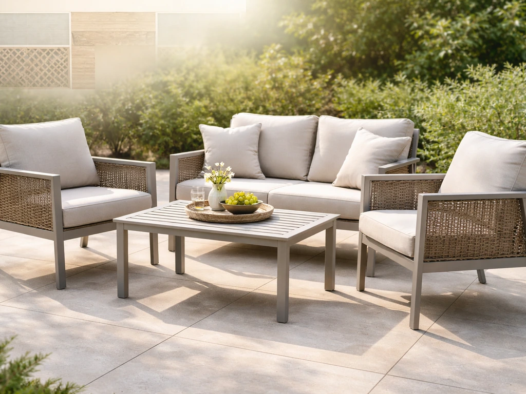 Clean patio dining conversation set with cushions and materials vibe for patio furniture reviews 2020.