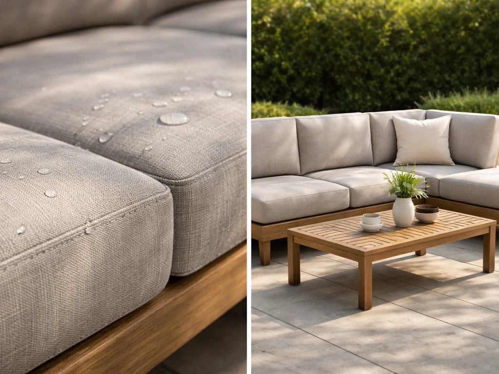 Minimal split scene: patio cushion texture focus on durability/comfort vs a stylish patio seating aesthetic.